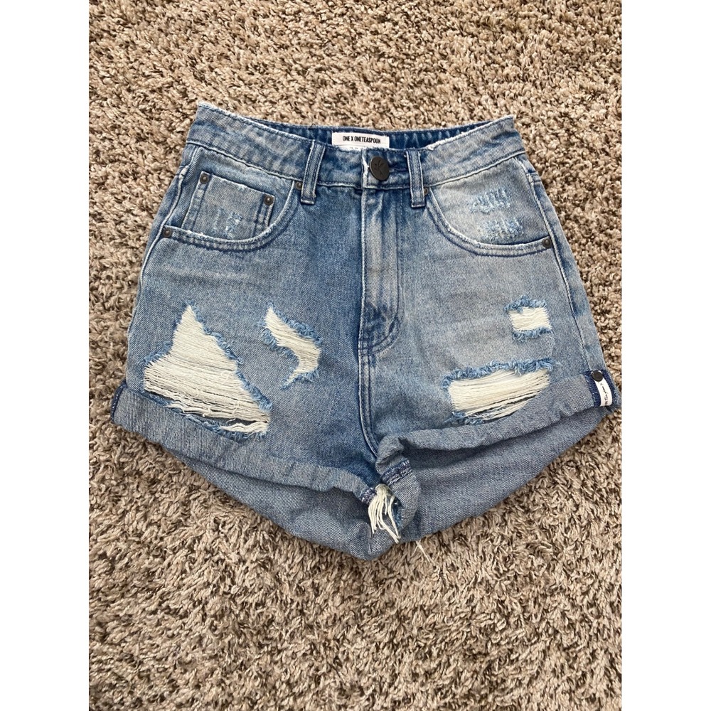 One x OneTeaspoon Distressed Denim Shorts Light Wash Blue Size 22 High Waist